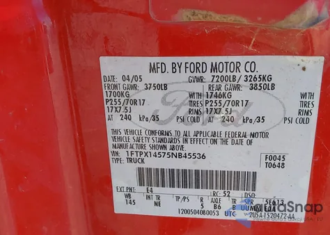 2005 Ford F-150 Fx4/Lariat/Xl/Xlt из США, поврежденный, VIN 1FTPX14575NB45536